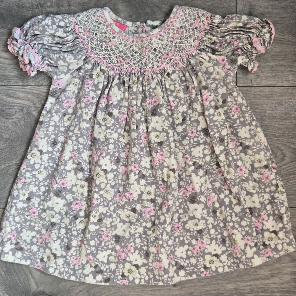 Claire & Charlie Baby Dress 9M Smocked Corduroy Taupe Floral Classic Bishop Rose